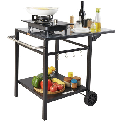 Outdoor Grill Dining Cart - Steel, Foldable Tabletop, 2 Wheels