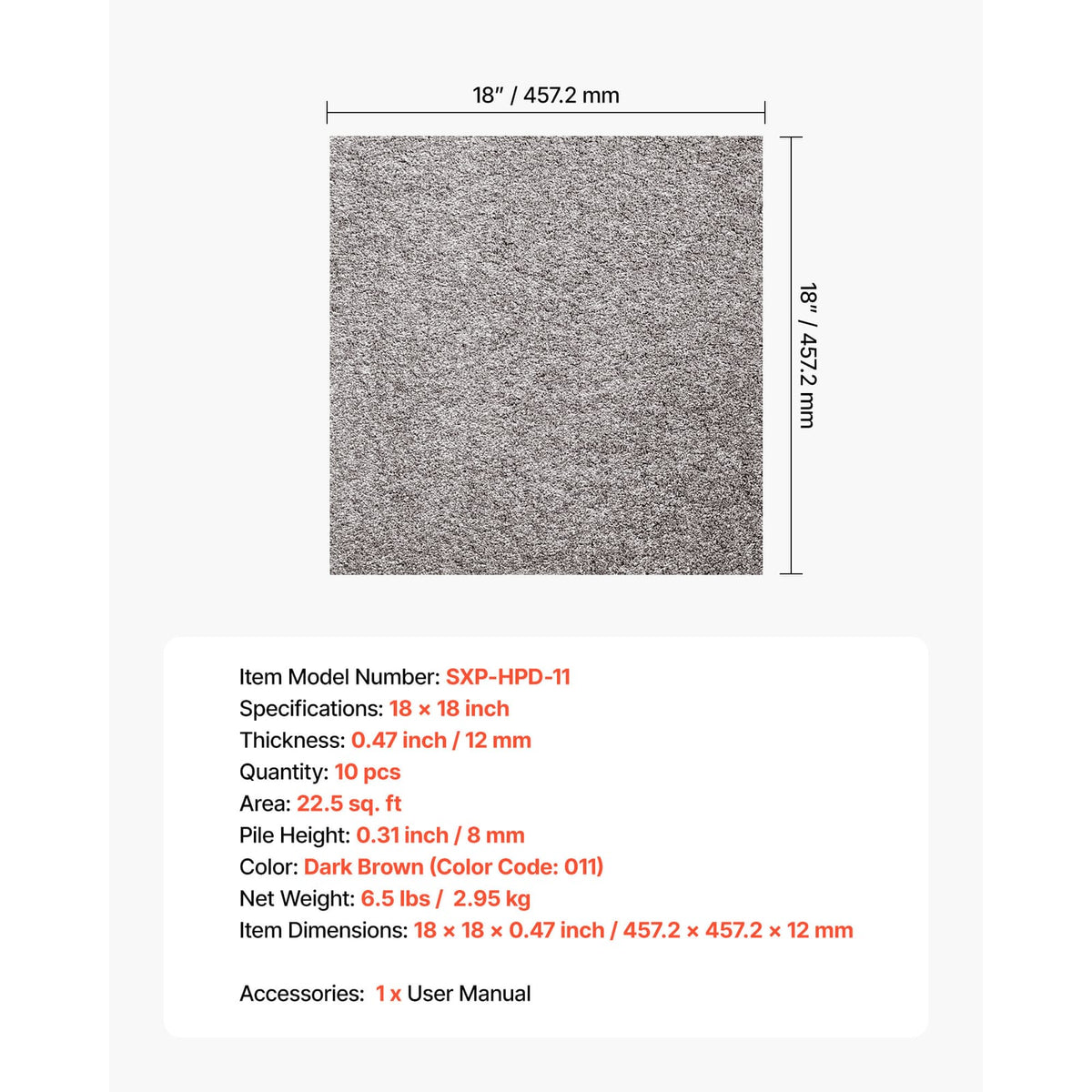 10x18 Inch Dark Brown Polyester Carpet Tiles - 22.5 Sq Ft Rug Set