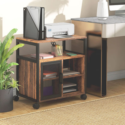 Rustic Brown Mobile Printer Stand - Rolling File Cabinet