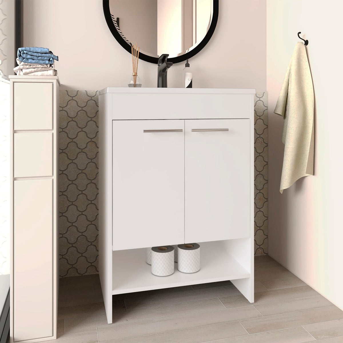 White Bathroom Vanity with Storage Shelves