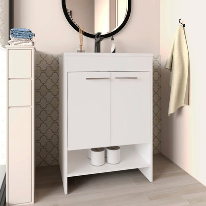 White Bathroom Vanity with Storage Shelves