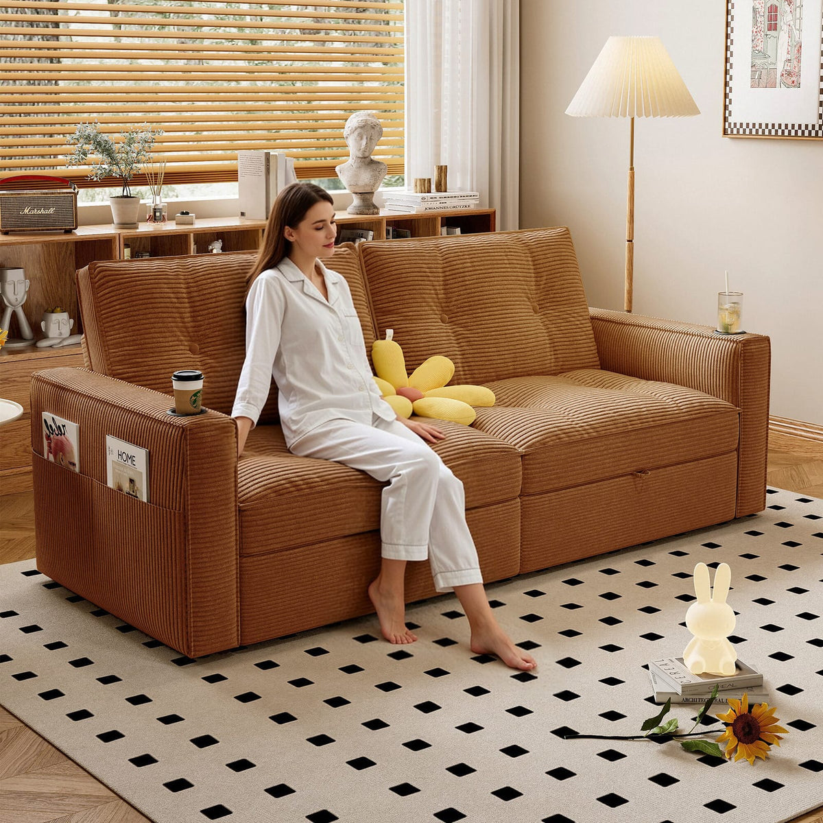Orange Corduroy Sofa Bed - 2-in-1 Convertible Sofa for Living Room