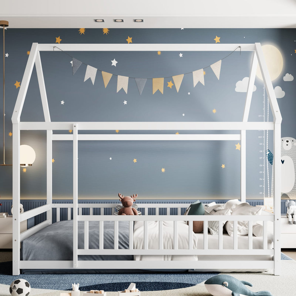 Full Size Wooden Bed Frame White with Roof House Design