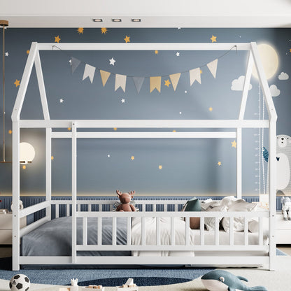 Full Size Wooden Bed Frame White with Roof House Design