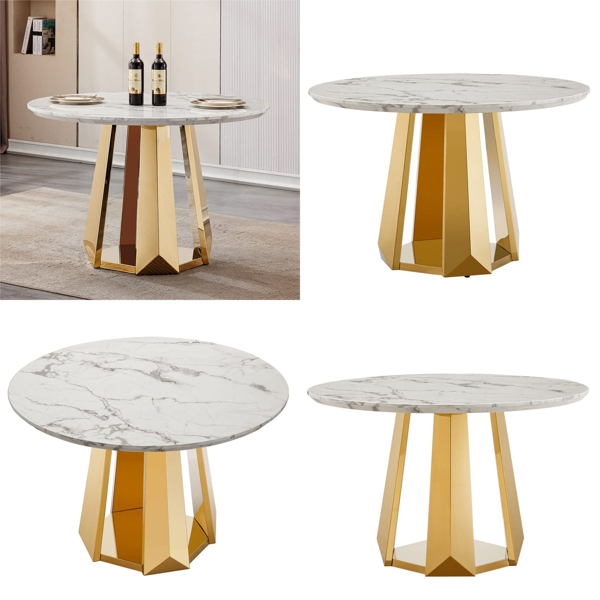 47 Inch Round Marble Dining Table - Gold White