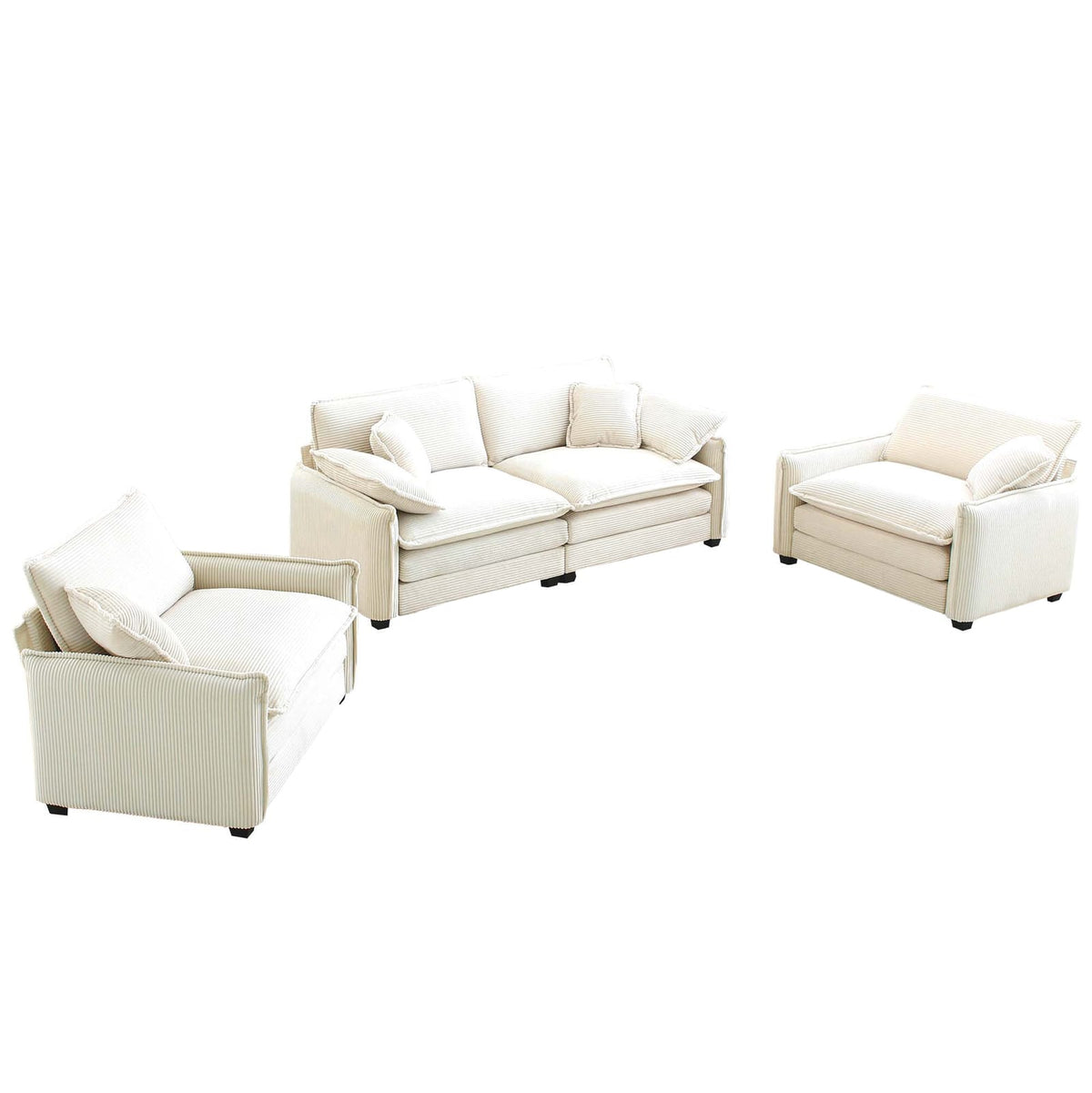4 Seat Corduroy Sofa Beige - Retro Style Sofa Set for Living Room