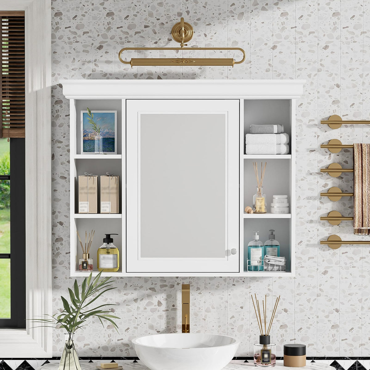 35'' White Wall Mounted Bathroom Storage Cabinet with Mirror Door - MDF