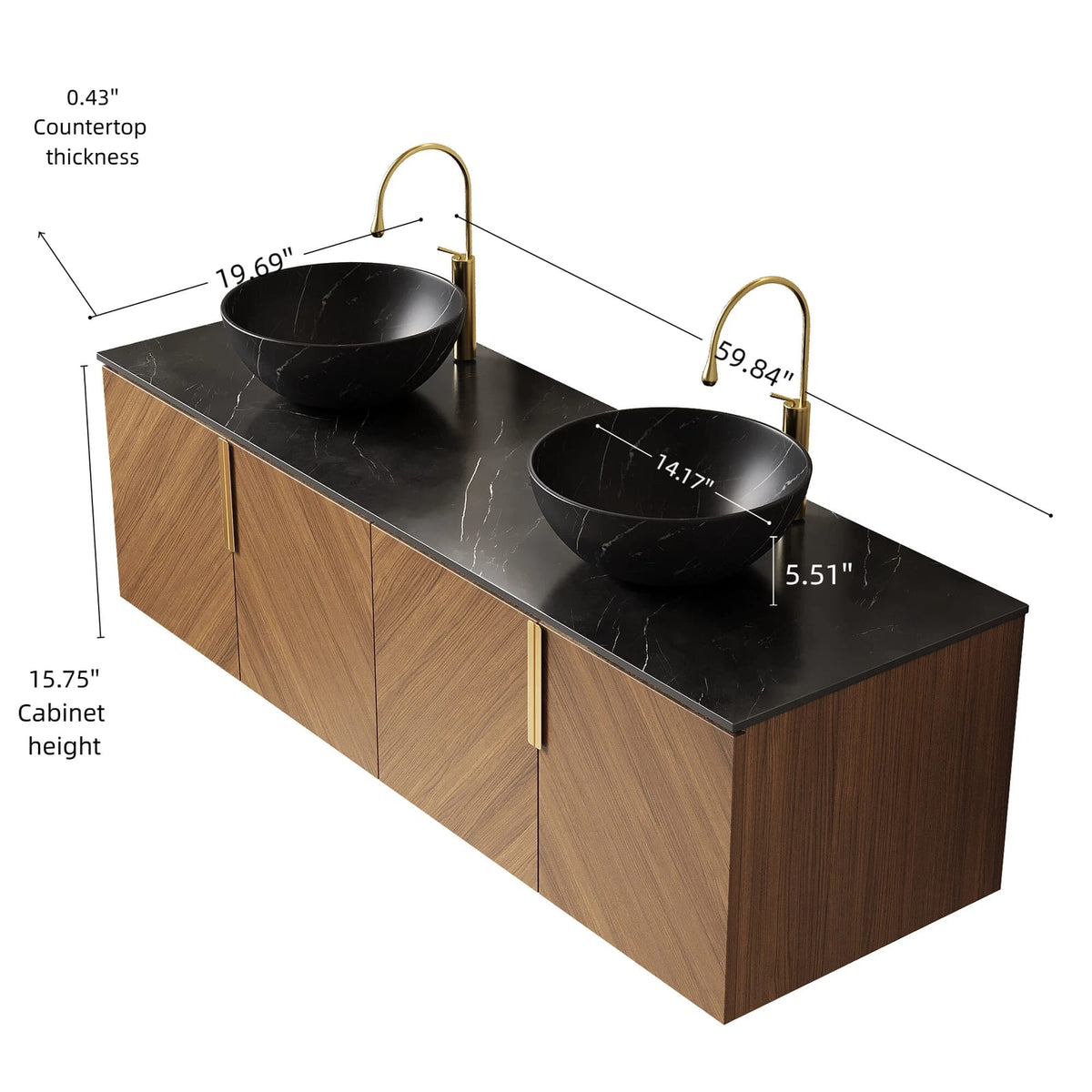 60 Inch Black Oak Bathroom Vanity with Sinks and Soft-Close Storage
