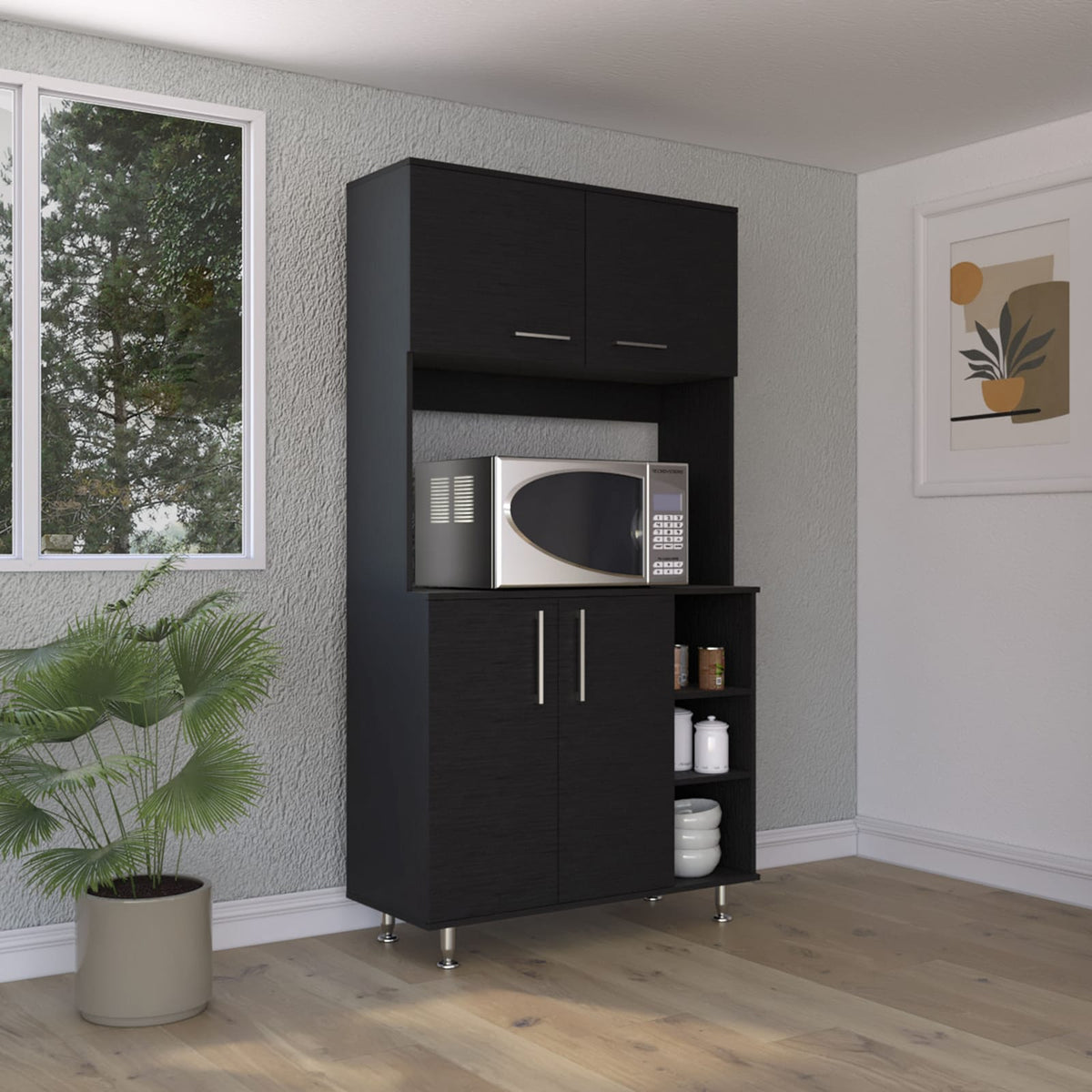 Black Kitchen Server Cabinet with Hutch - 37 Inch Wide