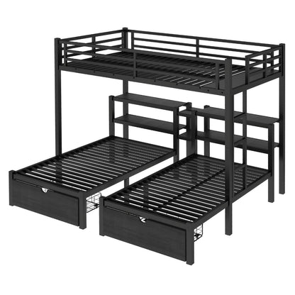 Triple Bunk Bed with Drawers - Black Metal Frame for Bedroom