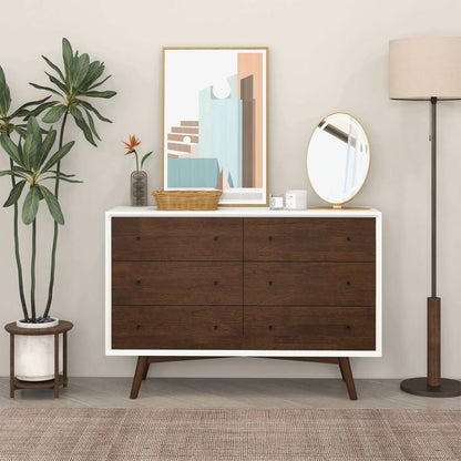 6-Drawer Mid Century Modern Dresser - Dark Brown White