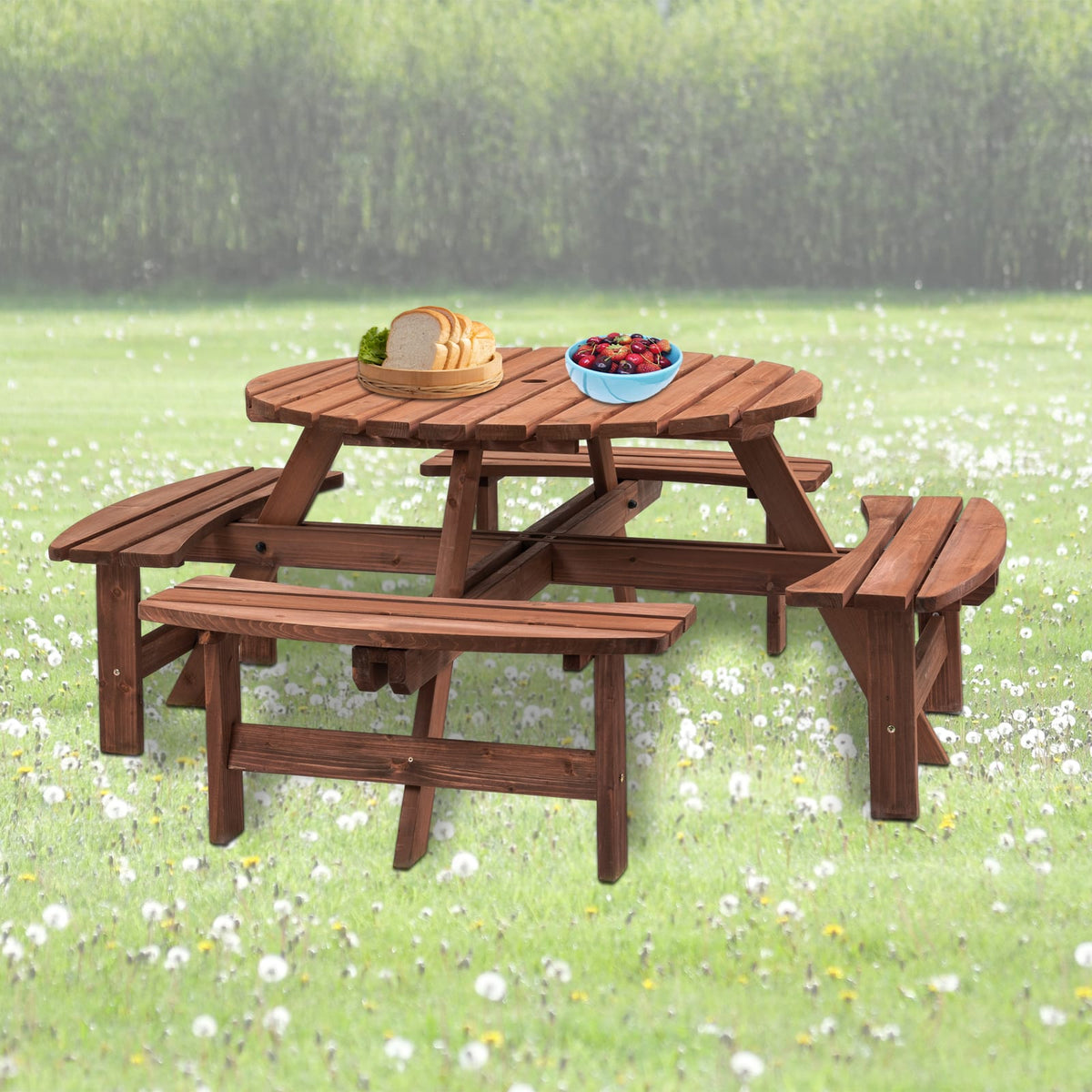8 Person Wooden Picnic Table - Outdoor Dining Set with Benches