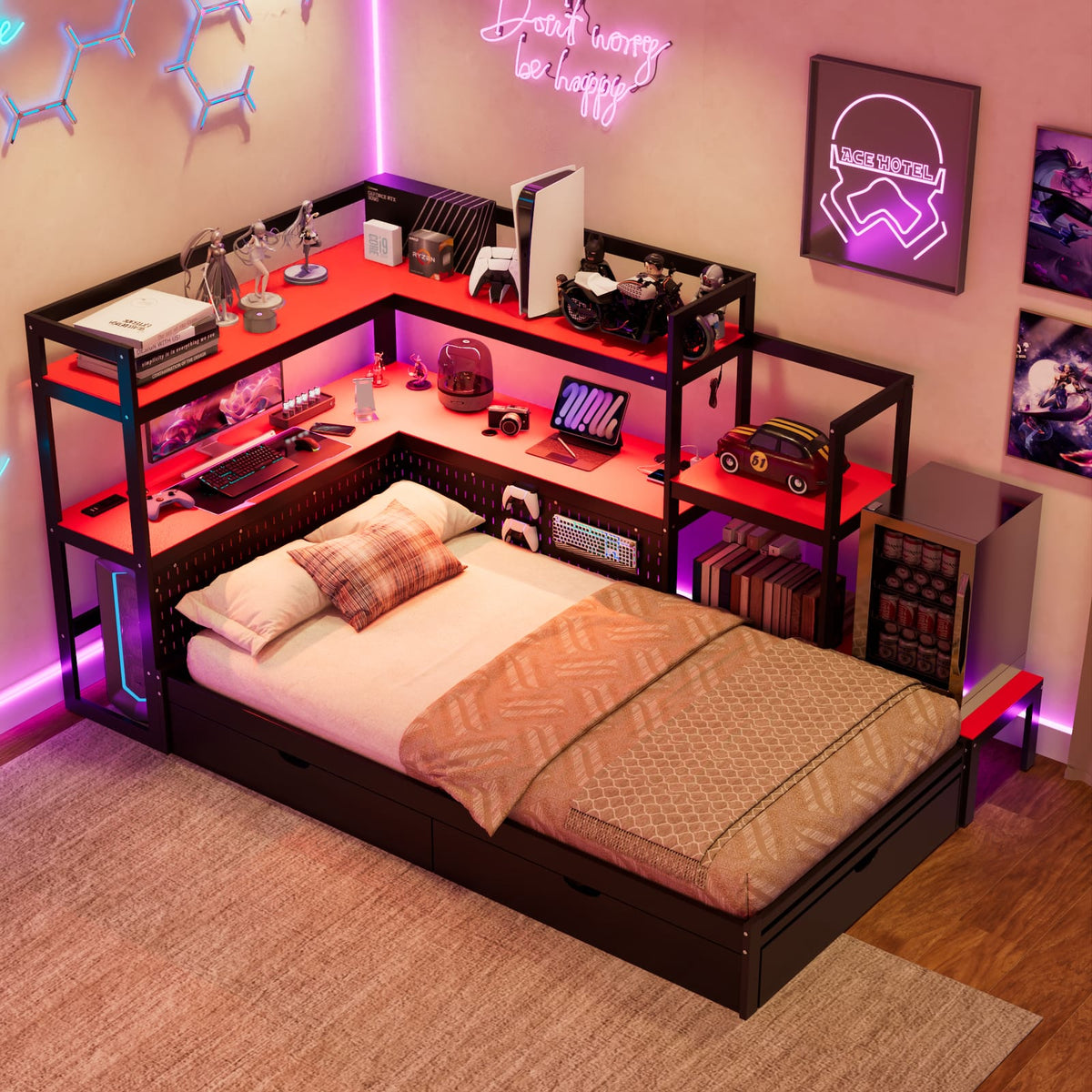 Twin Size Gaming Daybed Black+Red MDF Frame with LED Lights