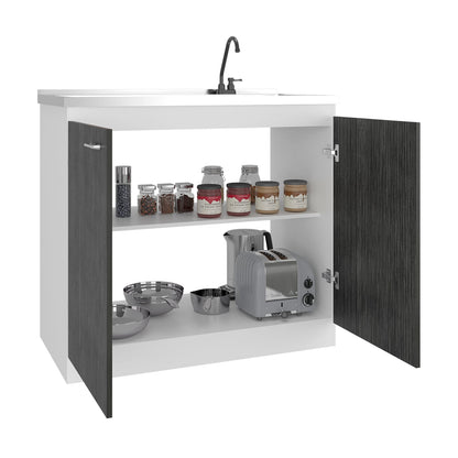 Grey White Kitchen Sink Cabinet with Faucet Storage