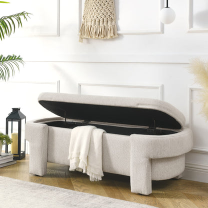 Beige Linen Storage Bench with Foam Cushion for Living Room or Bedroom