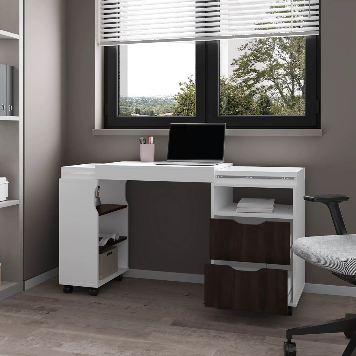 White & Walnut 2-Drawer Extendable Desk - Home Office Storage
