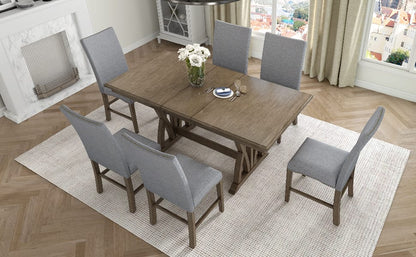 Mid-Century Solid Wood Dining Table Set - 7 Piece with Upholstered Chairs