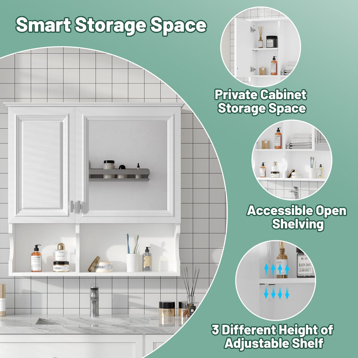 30 Inch White Mirror Medicine Cabinet - Wall Mounted Storage