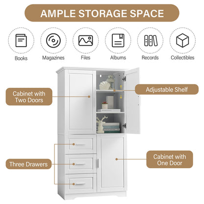 Tall White MDF Bathroom Storage Cabinet with 3 Drawers - Max Space