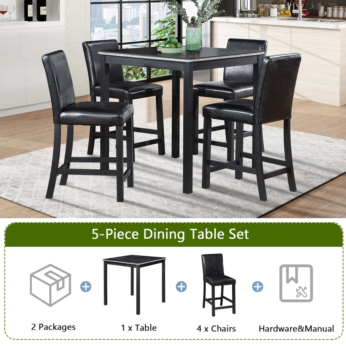 Black Square Dining Table Set - 4 Chairs