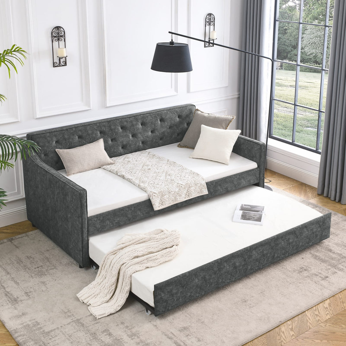 Comfortable Grey Daybed Sofa Bed with Trundle for Guest Storage