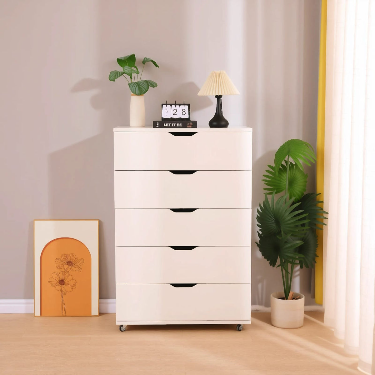 Extra-Wide White Engineered Wood Dresser with Lockable Wheels for Bedroom