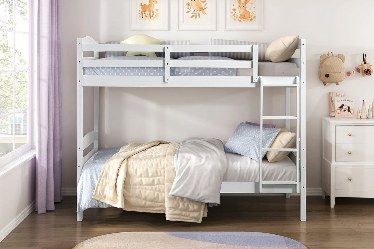 Twin Over Twin Bunk Bed White Wood Frame for Bedroom