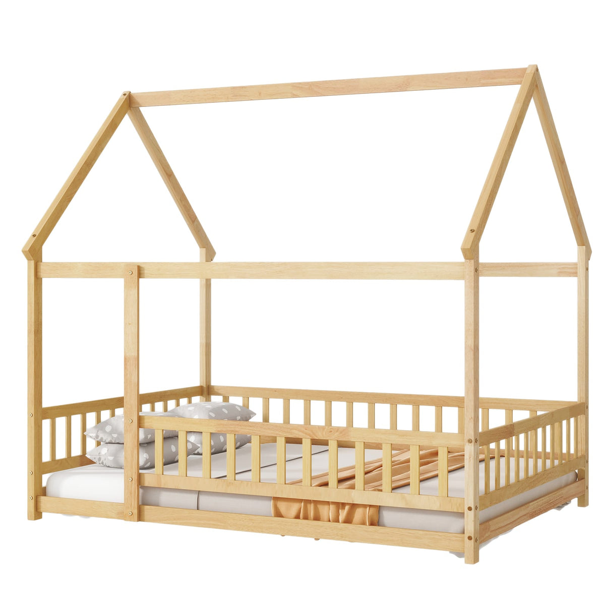 Full Size Rubber Wood House Floor Bed with Roof Frame, Natural for Bedroom