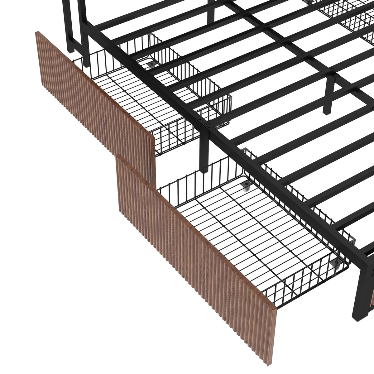 Queen Iron Bed Frame with Natural Wood Headboard & Storage for Bedroom