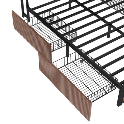 Queen Iron Bed Frame with Natural Wood Headboard & Storage for Bedroom