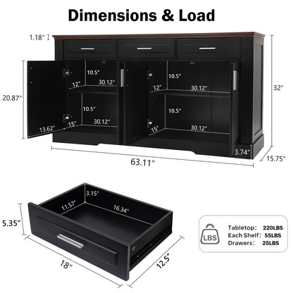 63" Fluted Sideboard Buffet Cabinet - Modern Kitchen Storage Console