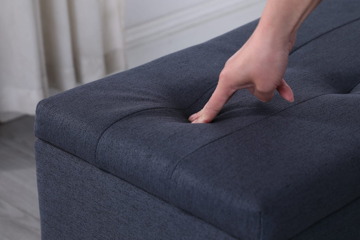 Dark Blue Fabric Storage Bench Set - 3 in 1 Ottoman with Linen Tufting
