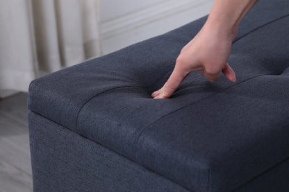 Dark Blue Fabric Storage Bench Set - 3 in 1 Ottoman with Linen Tufting