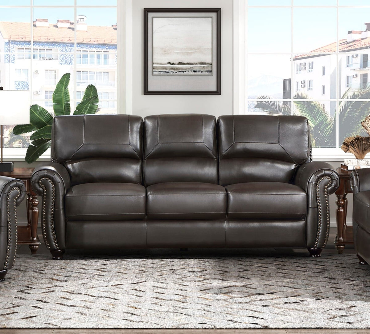Dark Brown 3 Seat Leather Sofa - Classic Style for Living Room