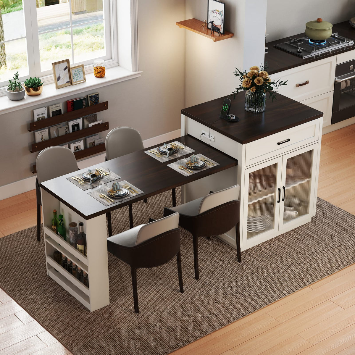 83.1" Extendable Kitchen Island - Creamy White MDF & Glass