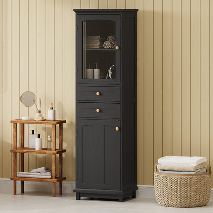 2-Drawer Bathroom Storage Cabinet with Glass Doors - Black
