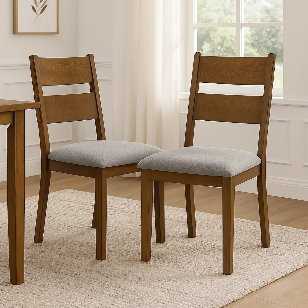 Lyoi Dining Chairs - Light Grey Fabric, Brown Wood Set of 2