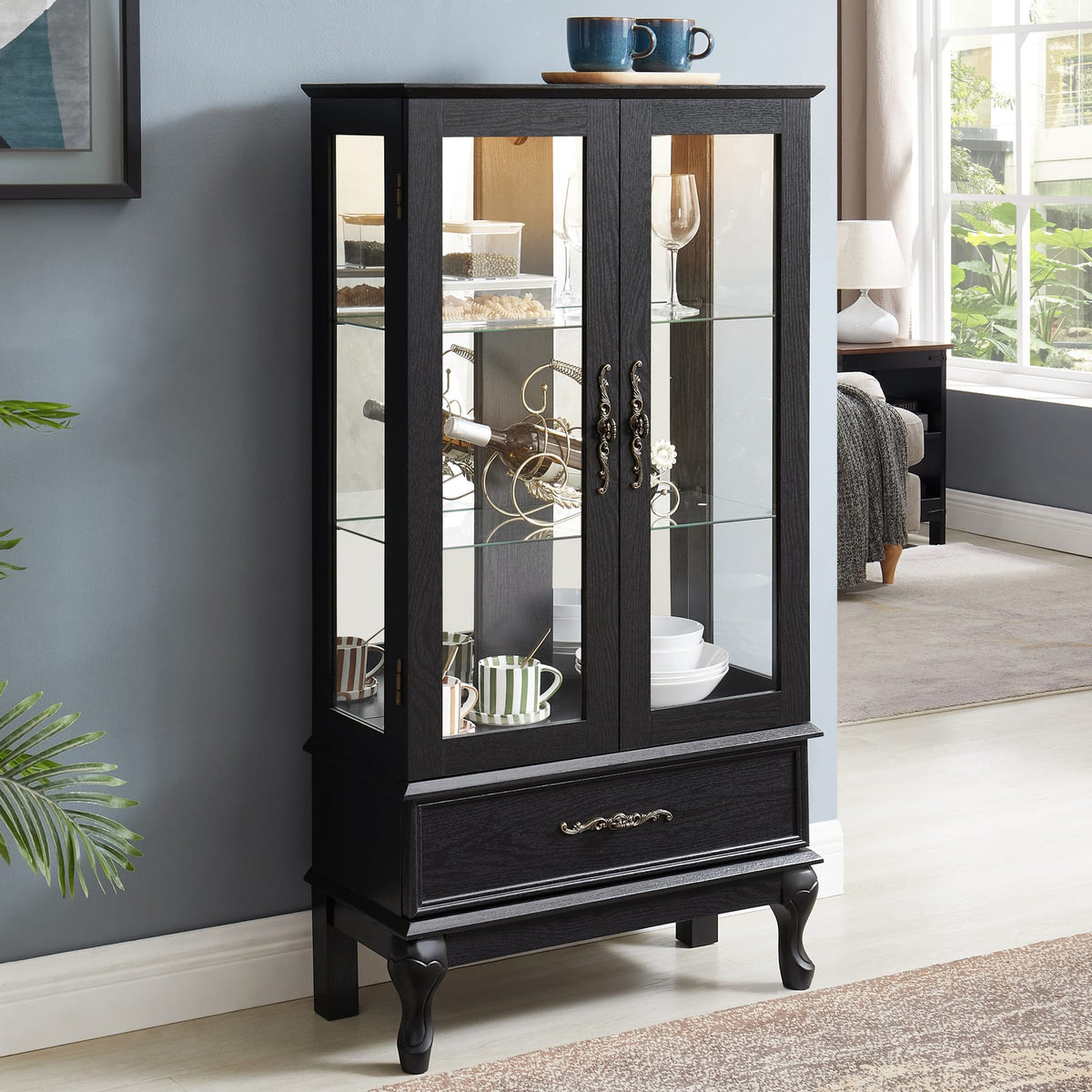 Black Glass Curio Cabinet - Display Cabinet with LED Lights