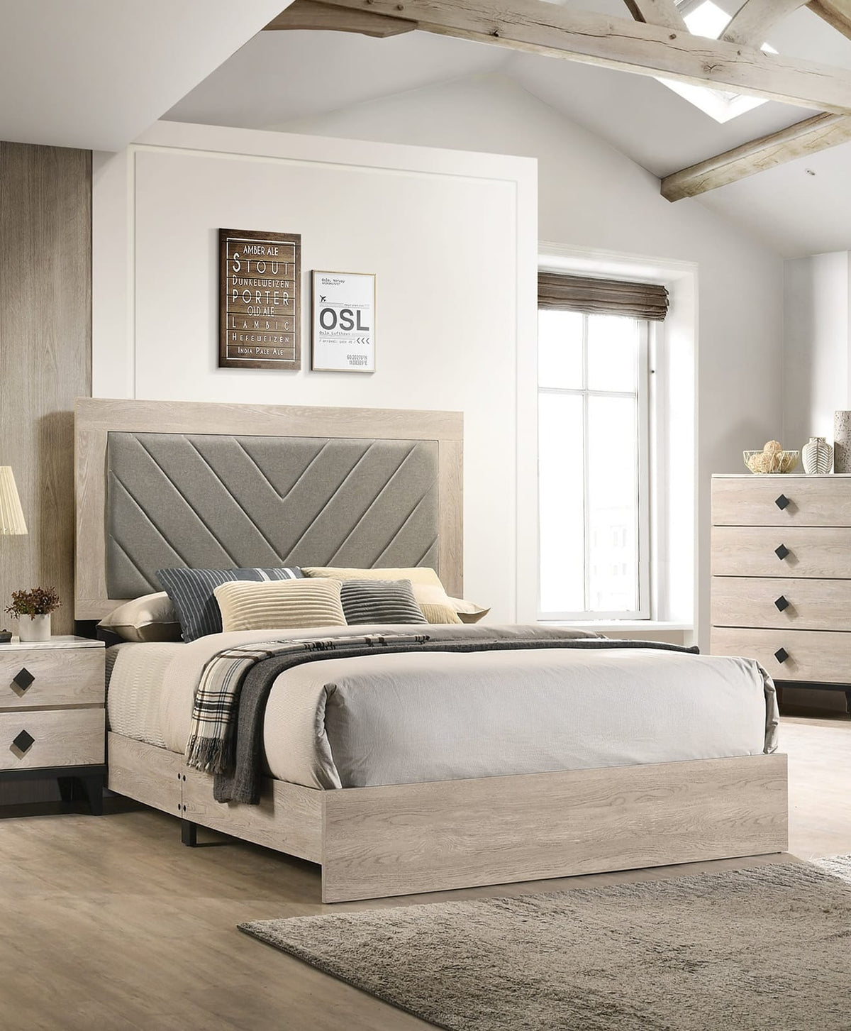 California King Cream Grey Wood Bed Frame for Bedroom