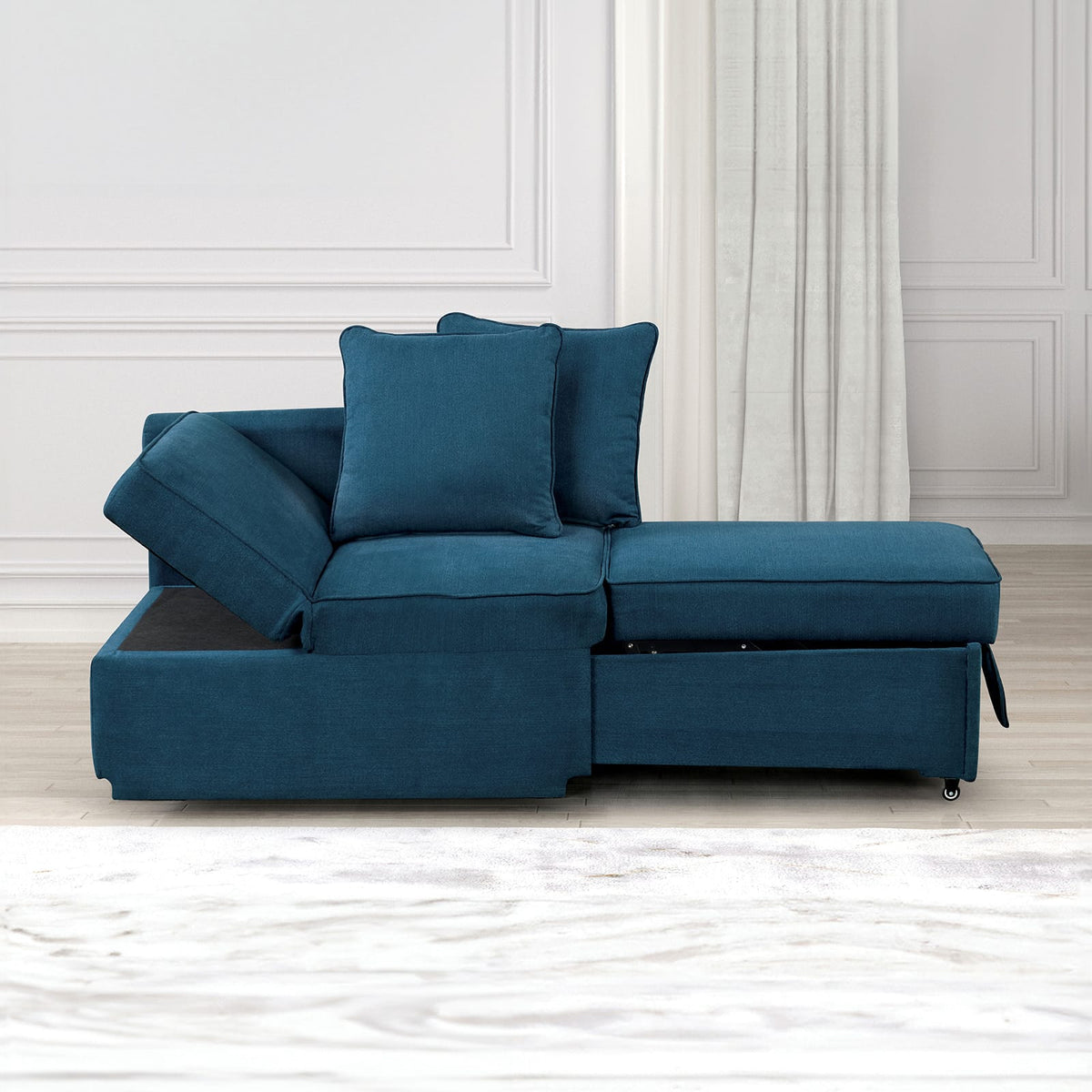 Blue Convertible Storage Chair with Pull-Out Seat for Living Room