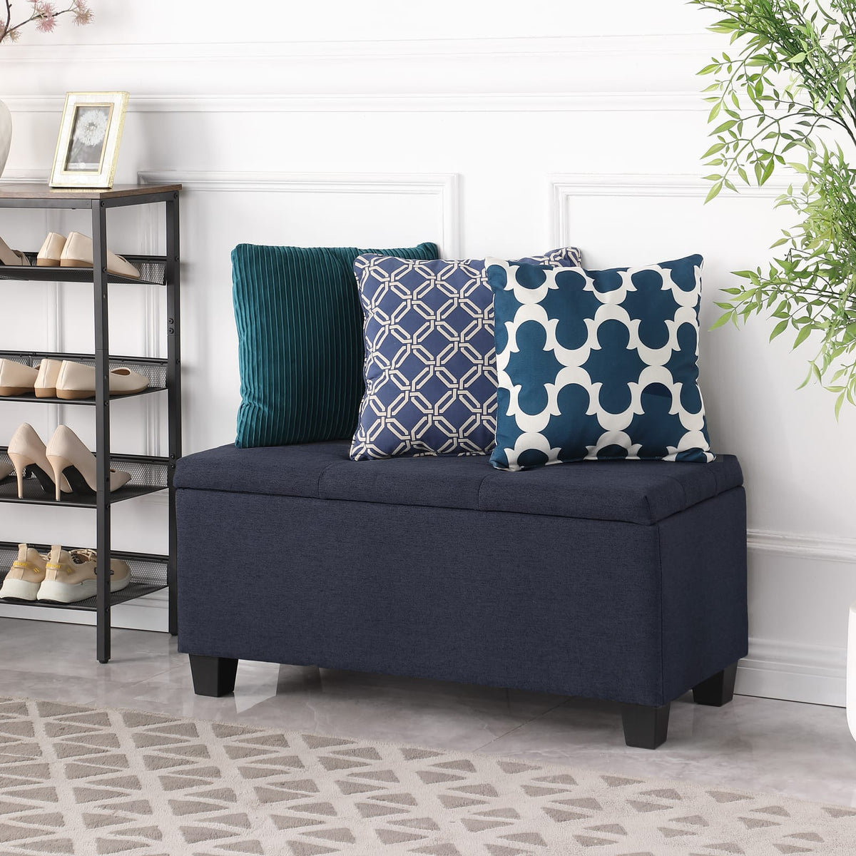 Dark Blue Fabric Storage Bench Set - 3 in 1 Ottoman with Linen Tufting