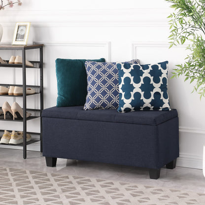Dark Blue Fabric Storage Bench Set - 3 in 1 Ottoman with Linen Tufting
