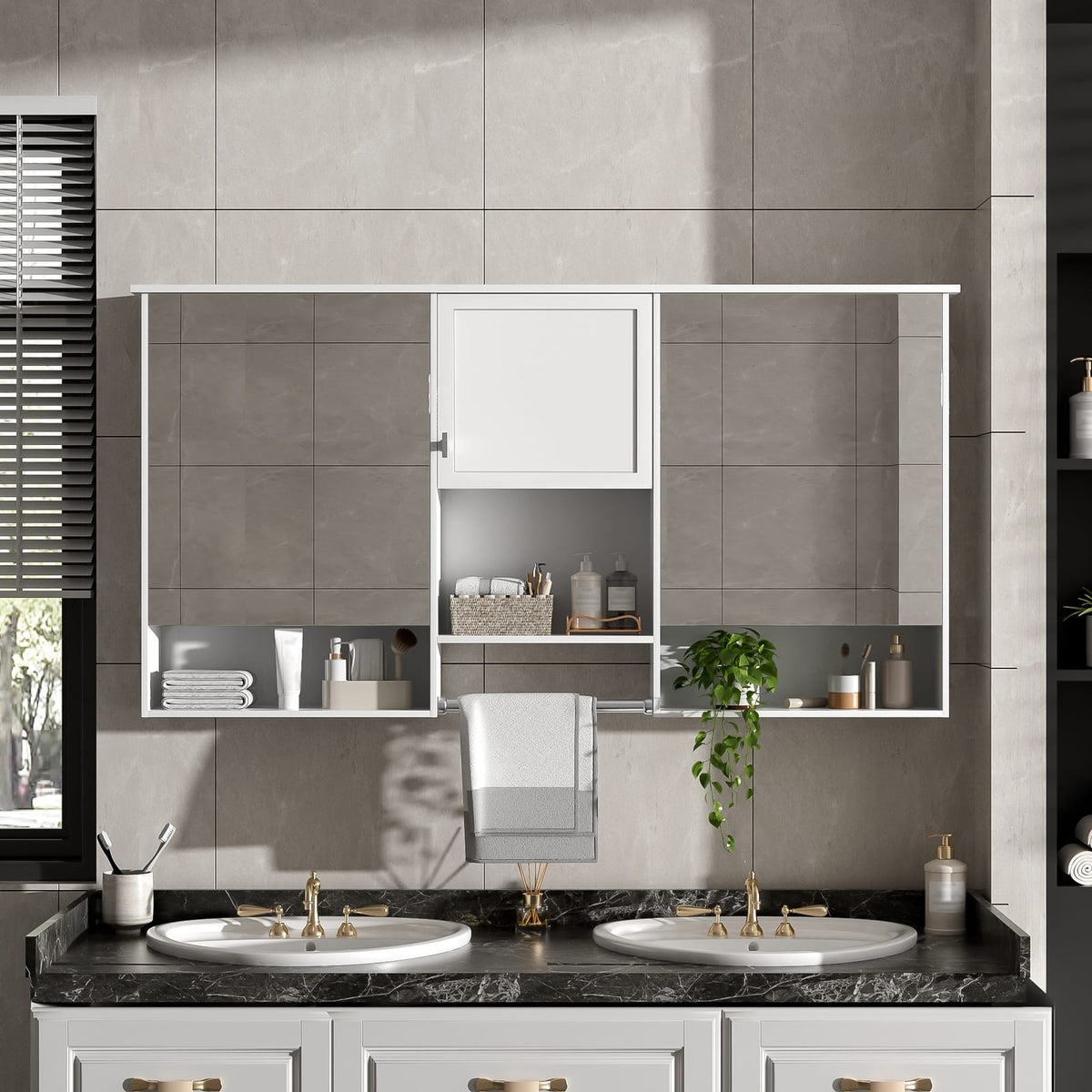 55 Inch Wall-Mounted Mirror Cabinet - White Bathroom Storage
