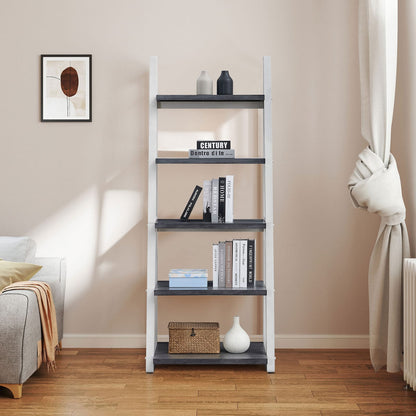 5-Tier Shelves - Grey+White Solid Wood Storage Rack for Home Office & Living Room