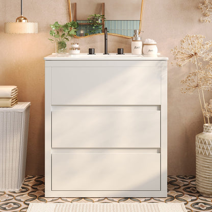 30 inch White Bathroom Vanity with Ceramic Sink and Soft Close Drawers