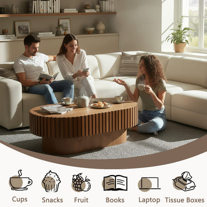 Brown Oval Coffee Table with Fluted Design for Living Room Storage