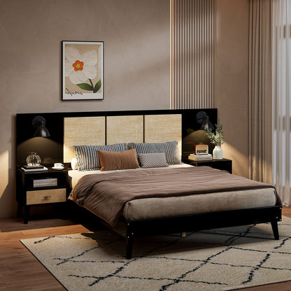 Queen Size Solid Wood Bed Frame - Black with Nightstands & Lamps