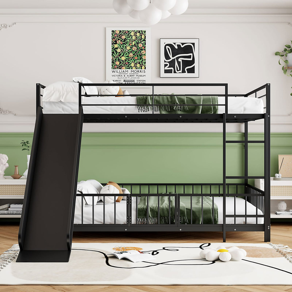 Full Over Full Metal Bunk Bed with Slide - Black for Bedroom