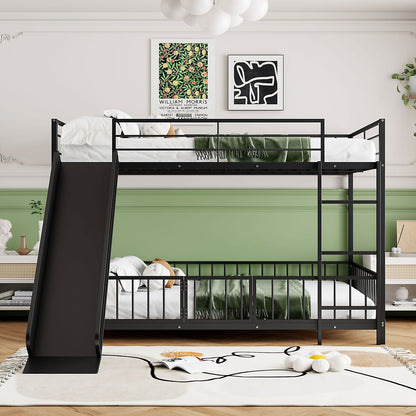 Full Over Full Metal Bunk Bed with Slide - Black for Bedroom