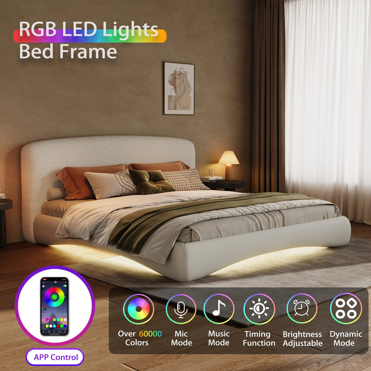 Cream King Upholstered Bed with Smart Lighting - Curved Design